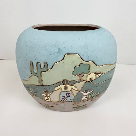 Vintage Southwest Pottery Mother and Children Gold Trim Ceramic Planter - Picture 3 of 14